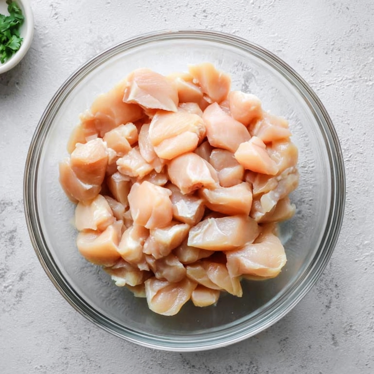 Raw chicken pieces in a glass bowl on a light countertop.