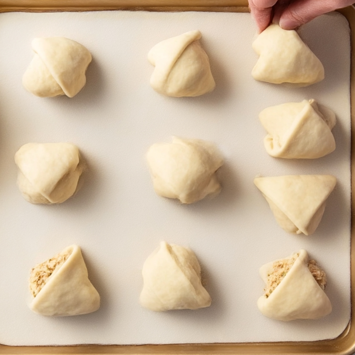 The image shows dough balls being prepared and folded, likely for homemade rolls or pastries. Some of the dough has been sealed with a filling inside, ready for baking.