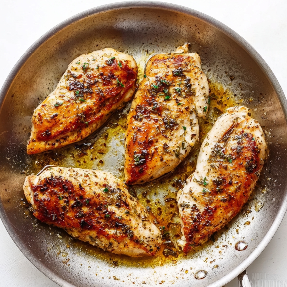 “Golden pan-seared chicken breasts cooking in a skillet.”