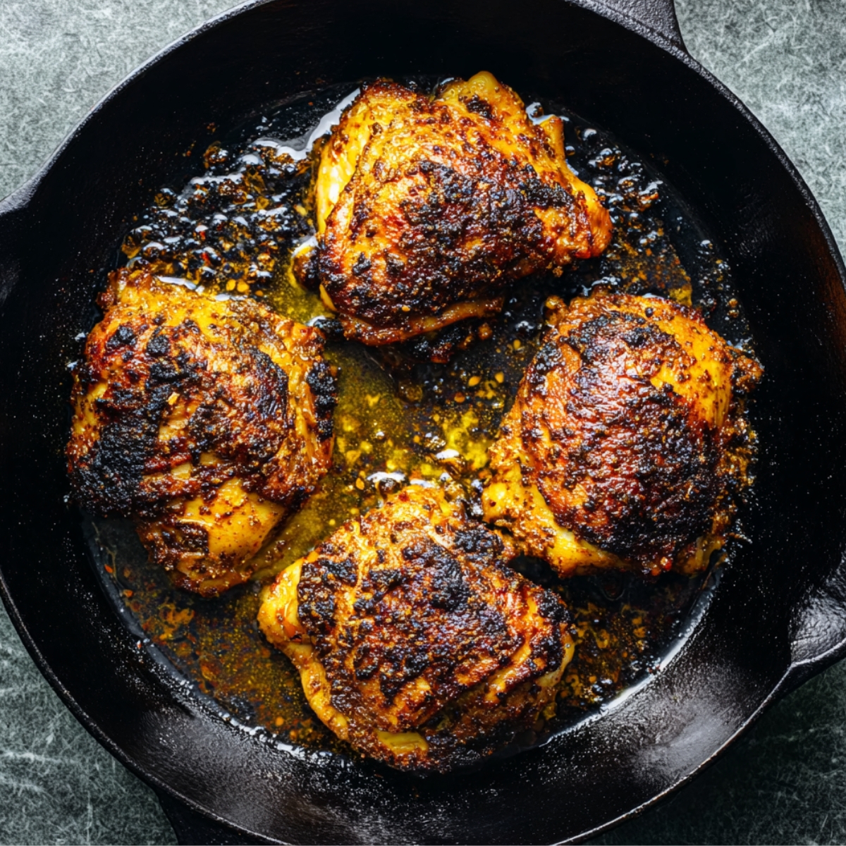 “Spiced chicken thighs searing in a cast-iron skillet with crispy, charred edges.”