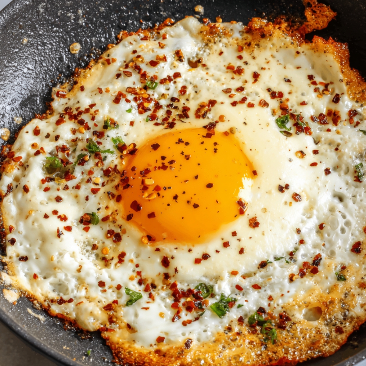 Fried egg with a golden yolk, sprinkled with chili flakes and herbs, cooking in a skillet