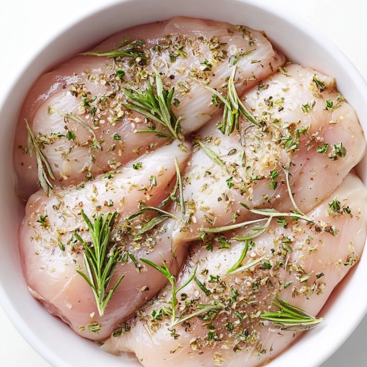 “Raw chicken breasts seasoned with herbs in a bowl.”