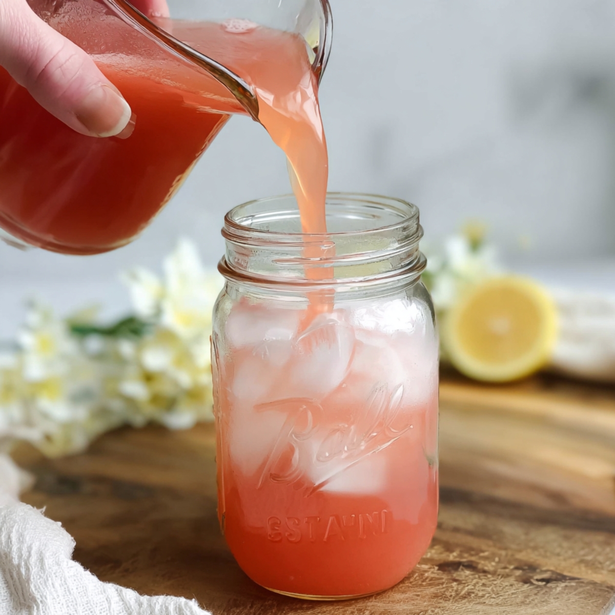 "Pouring guava juice into a mason jar filled with ice, with a lemon and flowers in the background."