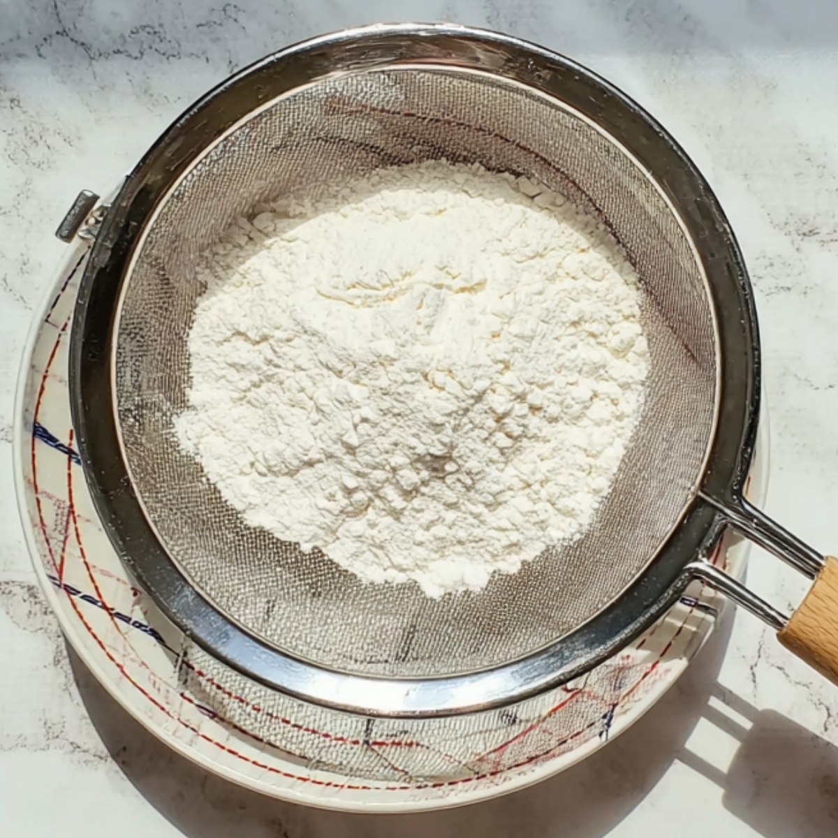 Dry ingredients being sifted through a mesh strainer.