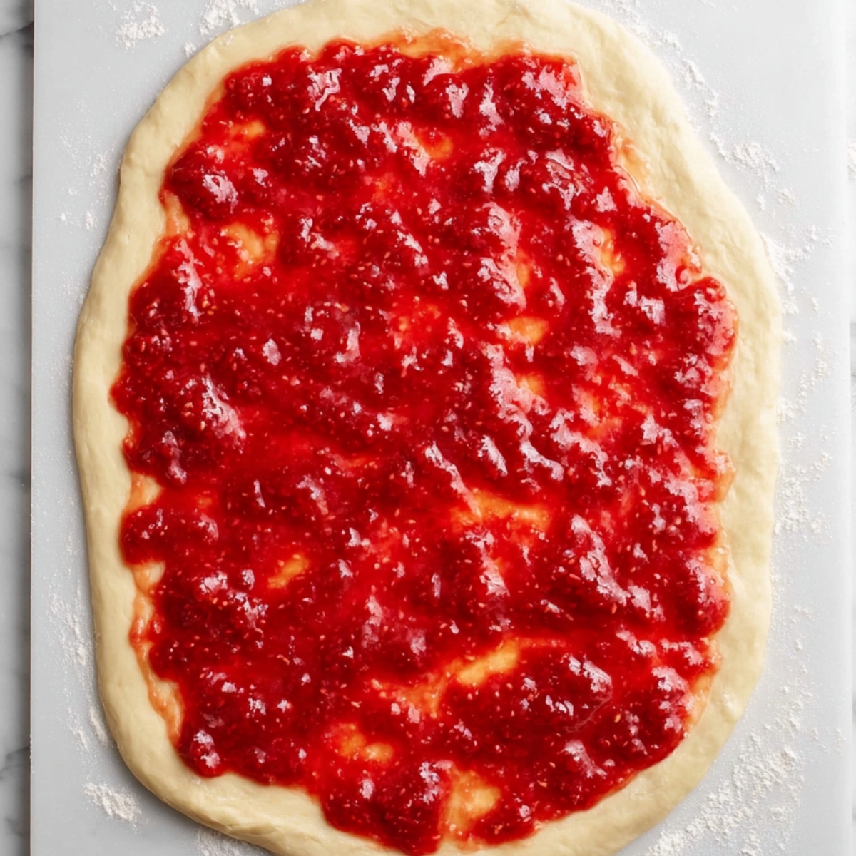“Rolled dough topped with an even layer of strawberry filling.”