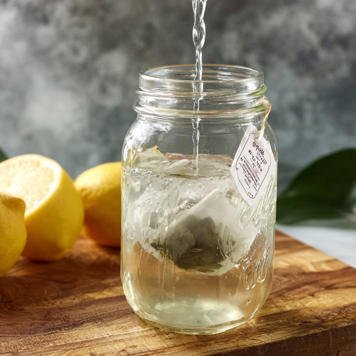 "Pouring hot water into a mason jar with a tea bag steeping, surrounded by fresh lemons on a wooden surface."