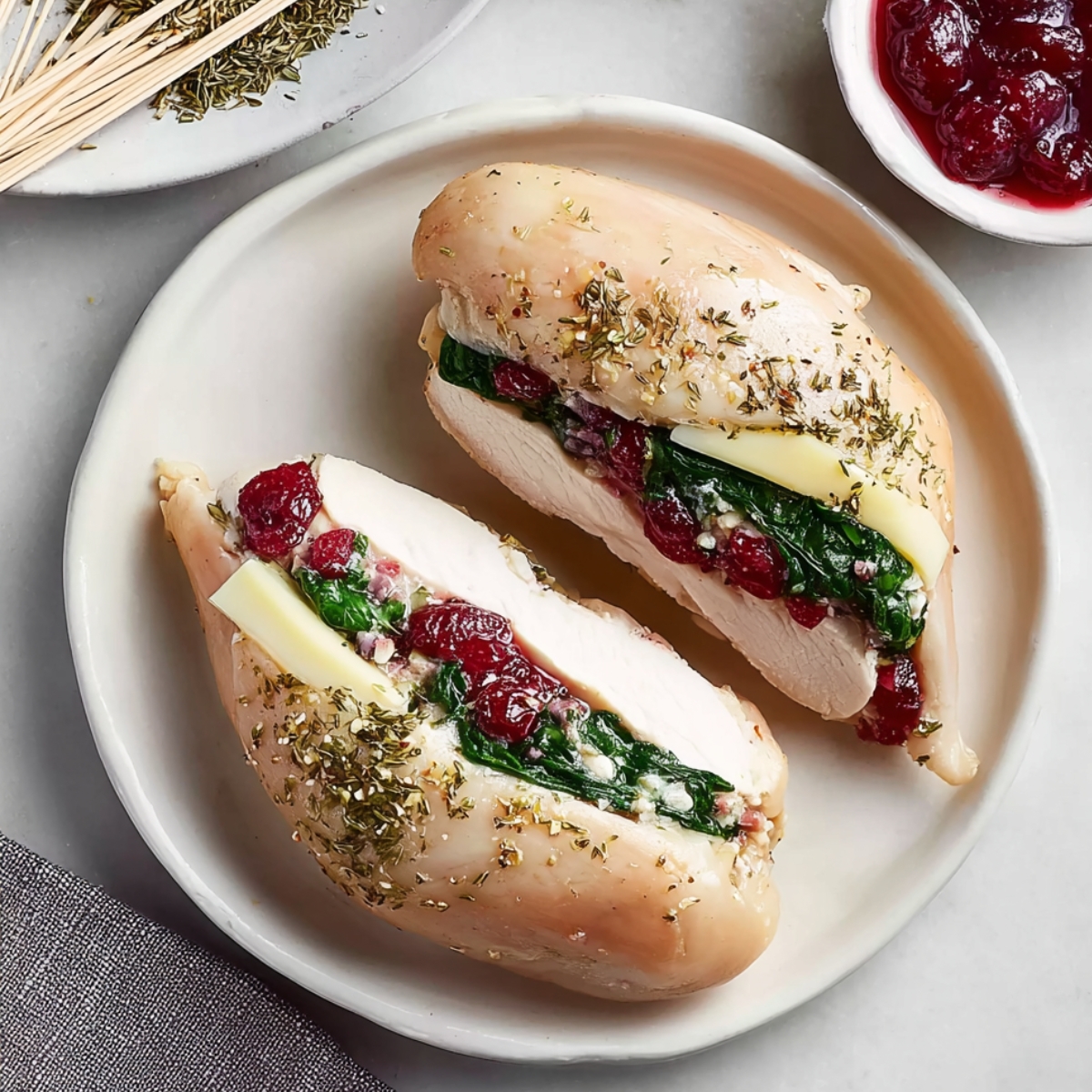 "Raw chicken breasts stuffed with spinach, cranberries, and cheese, seasoned with herbs, placed on a plate ready for cooking."
