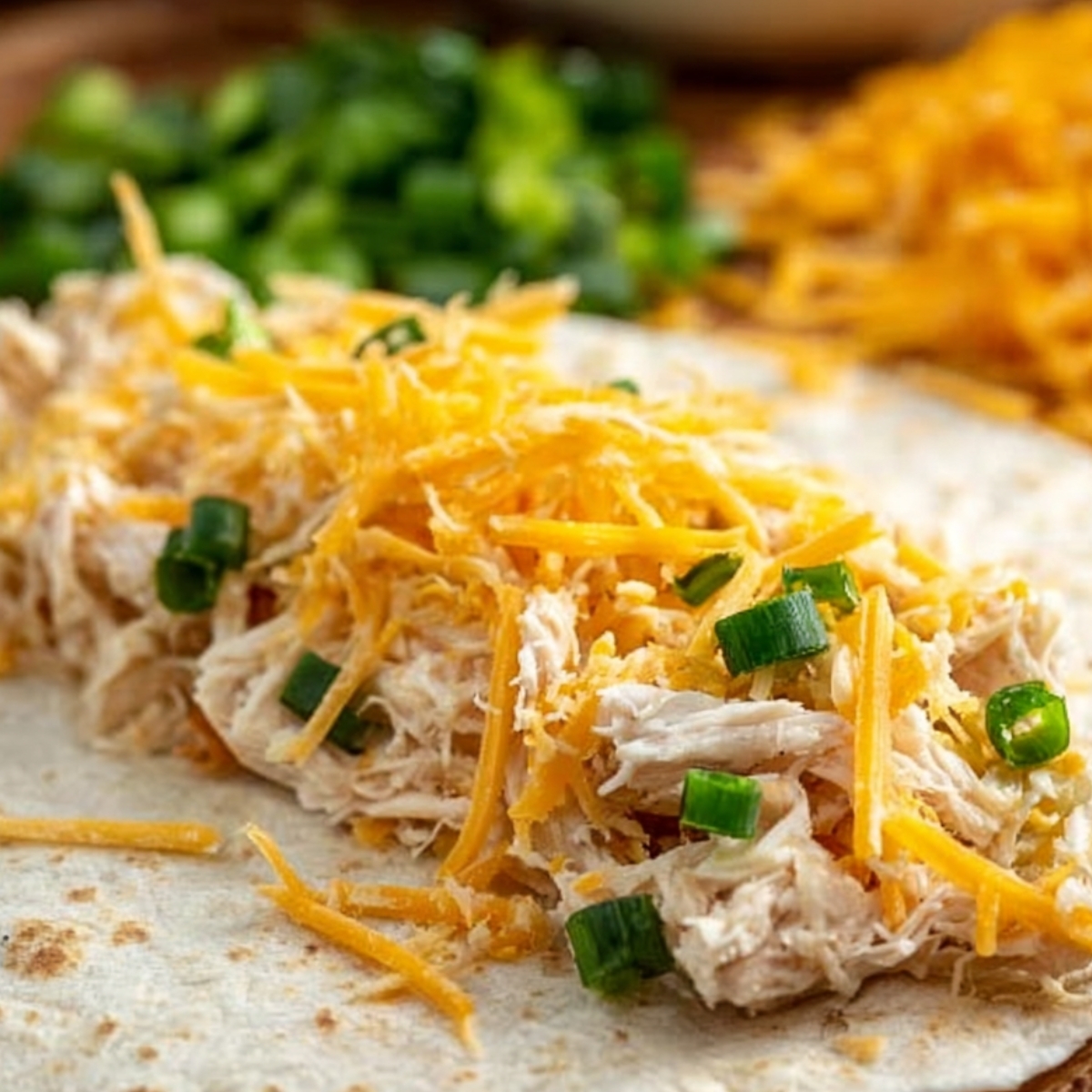 Shredded chicken topped with cheddar cheese and green onions on a tortilla