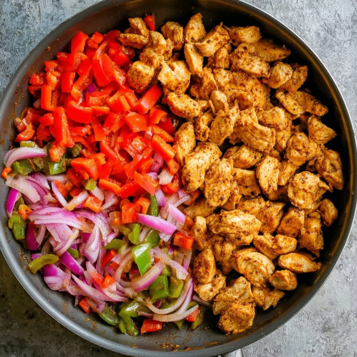 Overhead view of a skillet with seasoned chicken, red bell peppers, onions, and green peppers cooking side by side.