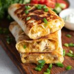Three golden, cheesy garlic chicken wraps filled with melted cheese and topped with green onions, served on a wooden board