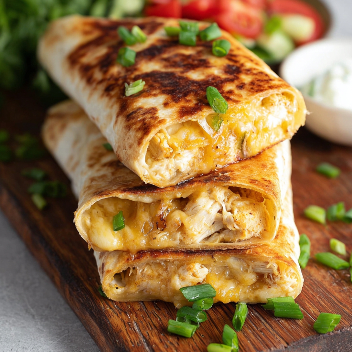 Three golden, cheesy garlic chicken wraps filled with melted cheese and topped with green onions, served on a wooden board