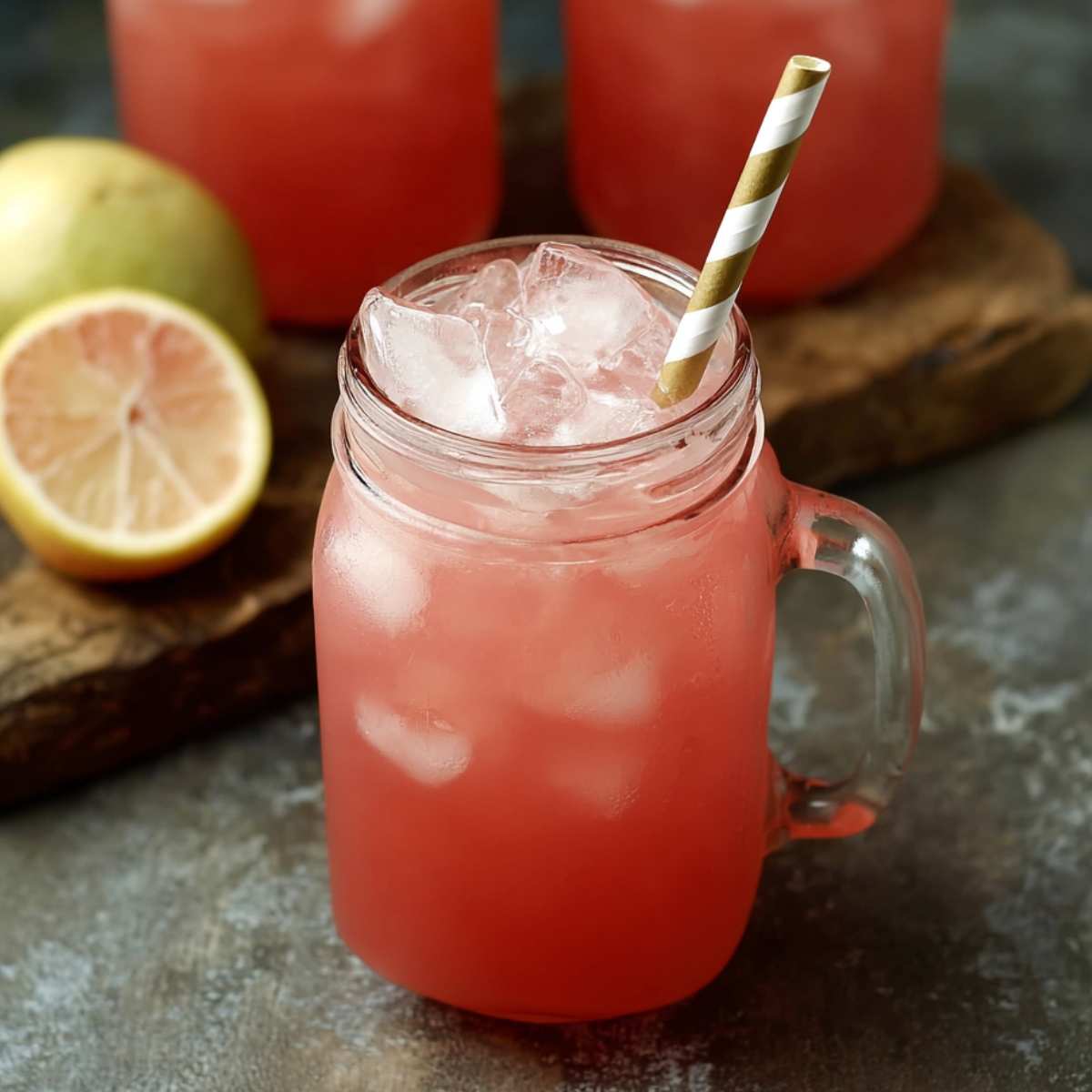 "Glass mason jar filled with iced guava white tea lemonade, garnished with a striped straw and a slice of lemon in the background."
