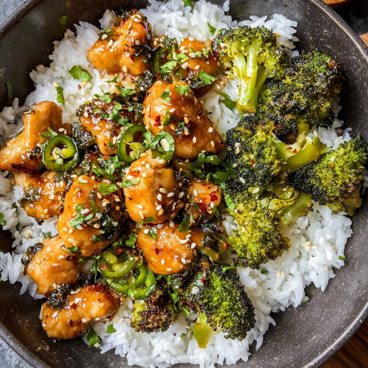 The image shows a delicious plate of jalapeño chicken recipe served with white rice and roasted broccoli, garnished with sesame seeds, cilantro, and sliced jalapeños.