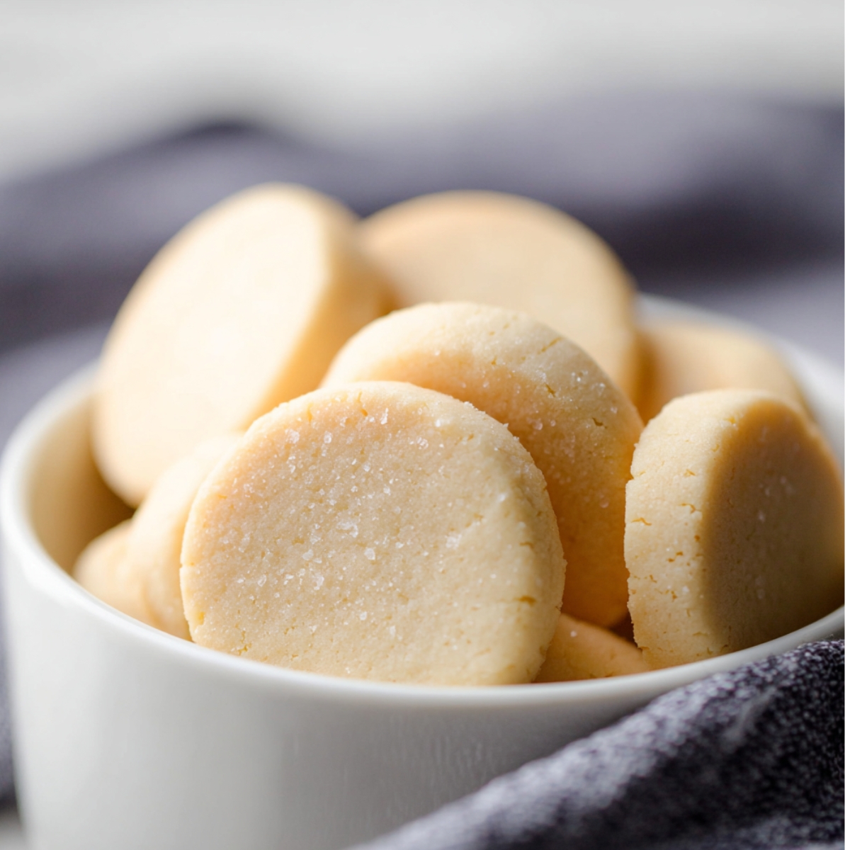 Close-up of round, lightly salted shortbread cookies stacked in a white bowl, with a soft gray cloth in the background.