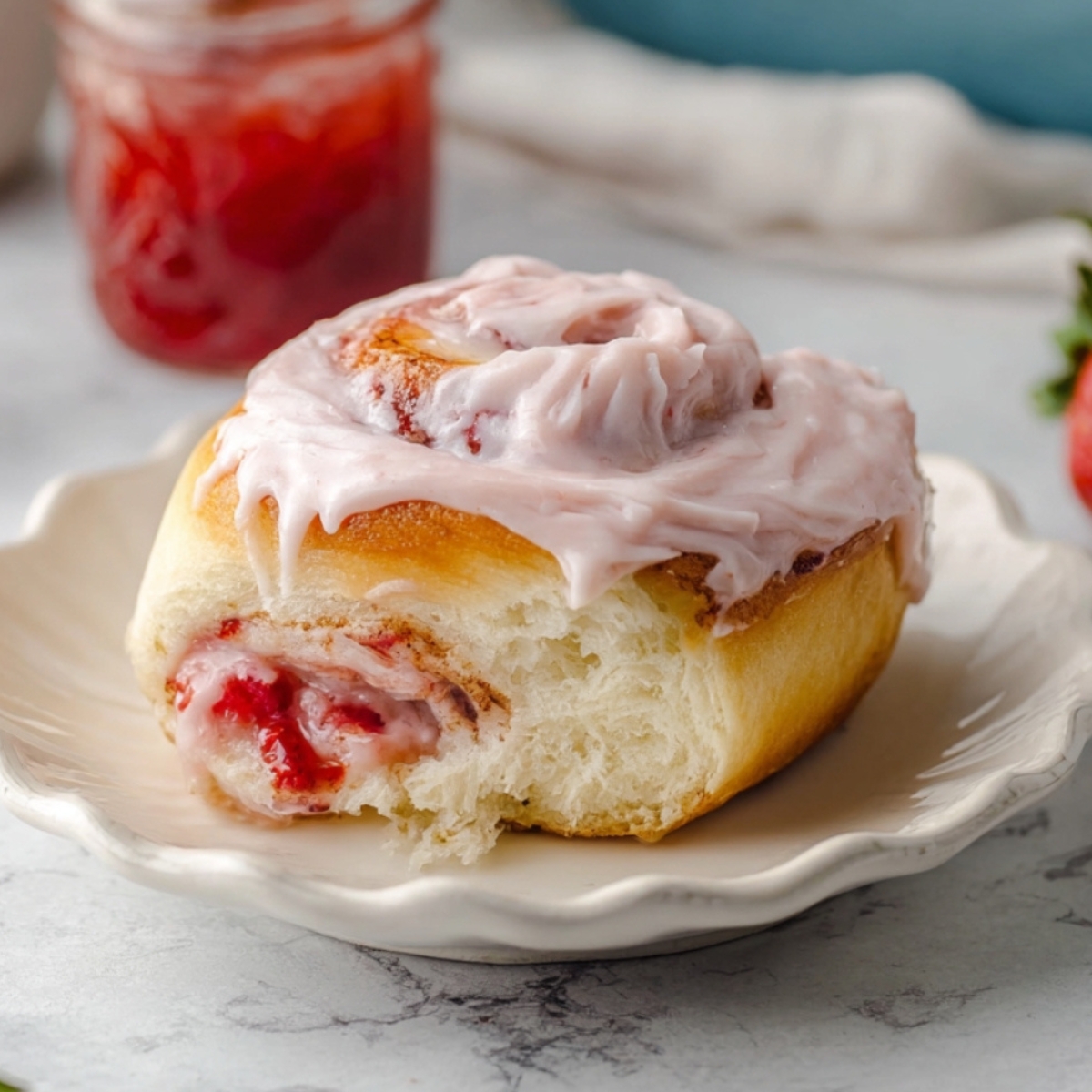 “Strawberry cinnamon rollS with pink frosting on a plate.”