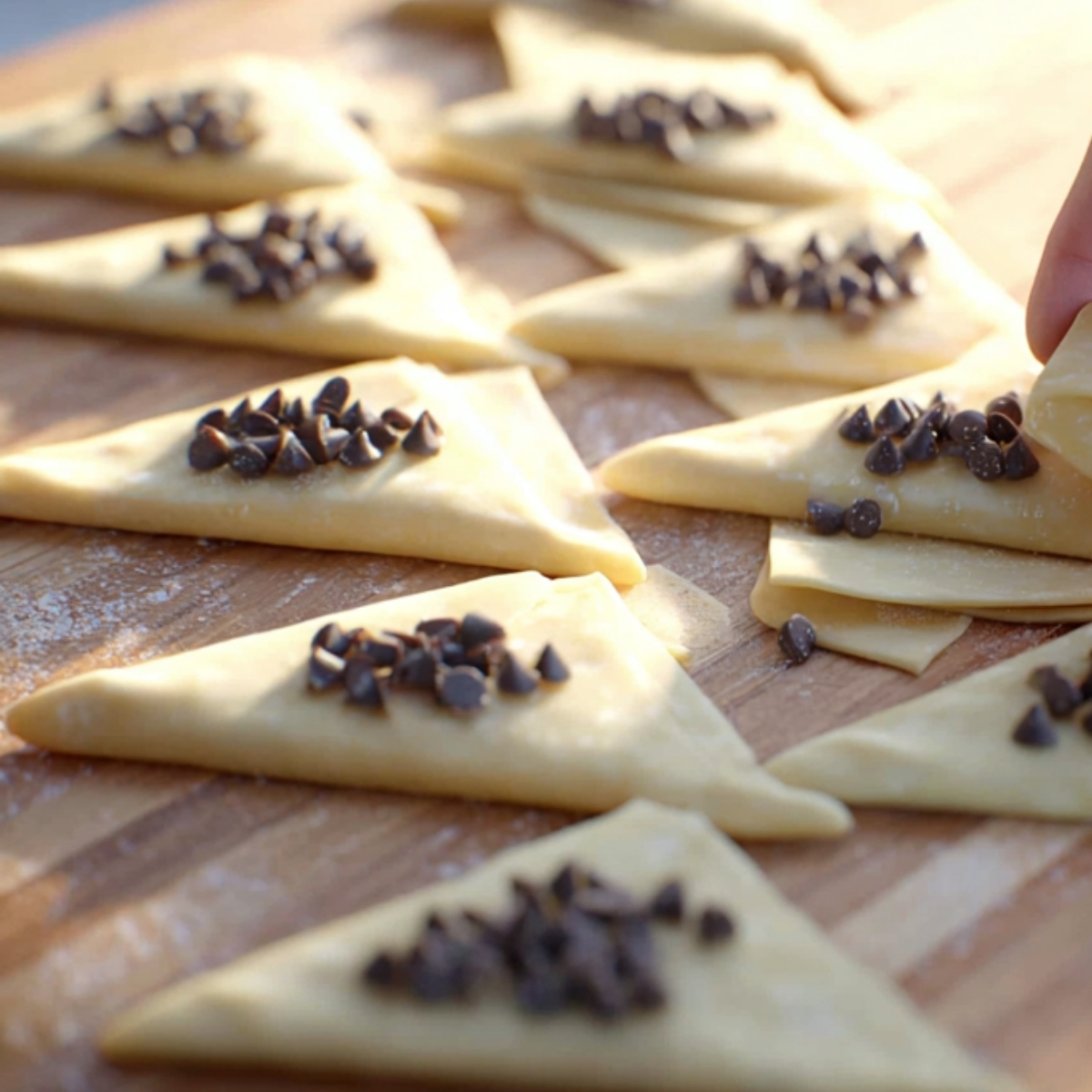 Triangular pastry dough topped with chocolate chips, ready to roll.