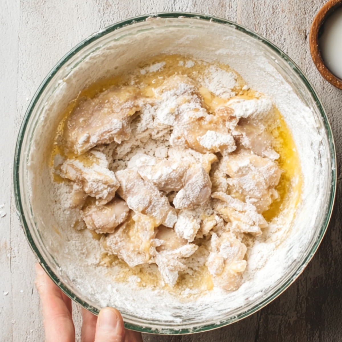 Chicken pieces coated in a mixture of egg and cornflour, ready for cooking.