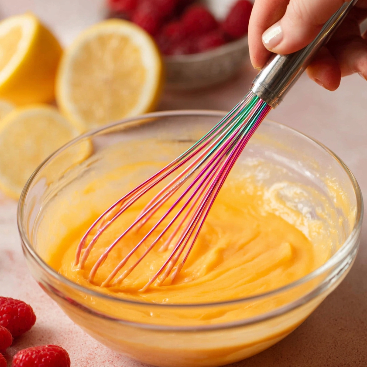 Whisking a smooth, yellow lemon mixture in a glass bowl, surrounded by fresh raspberries and lemon slices.