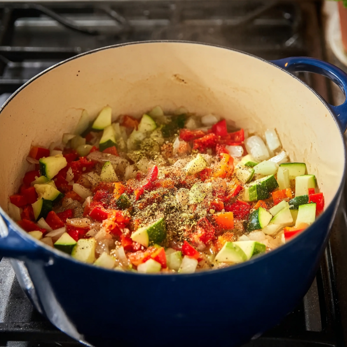 Seasoned vegetables sautéing in a pot on the stove.
