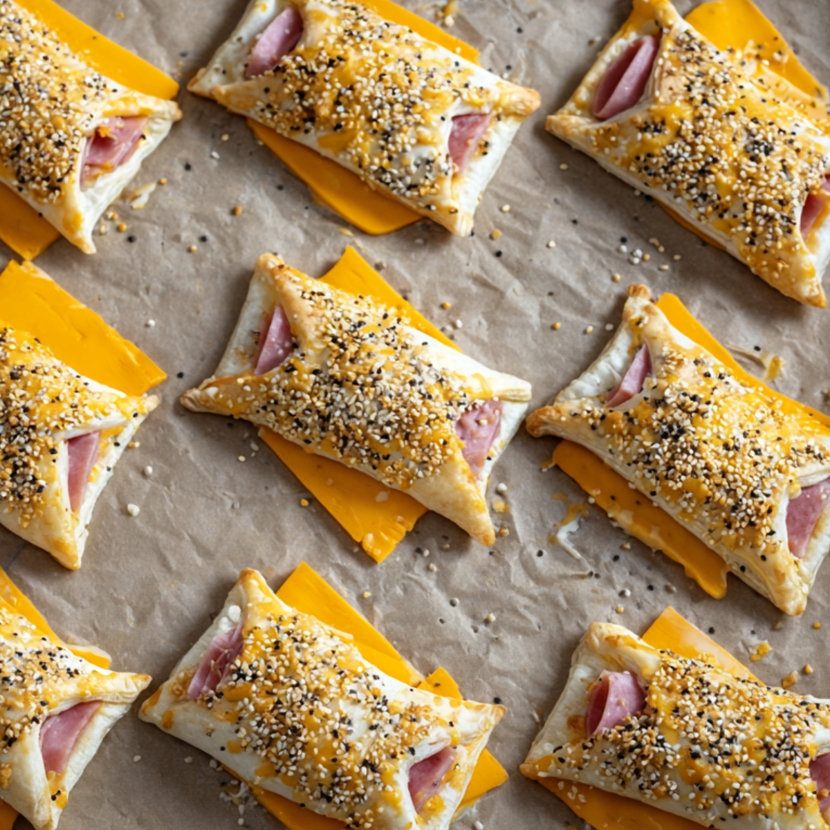 Ham and cheese puff pastries topped with melted cheese and everything bagel seasoning, ready to bake.