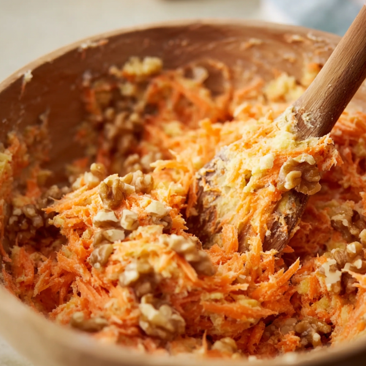 Mixing shredded carrots and walnuts in a wooden bowl