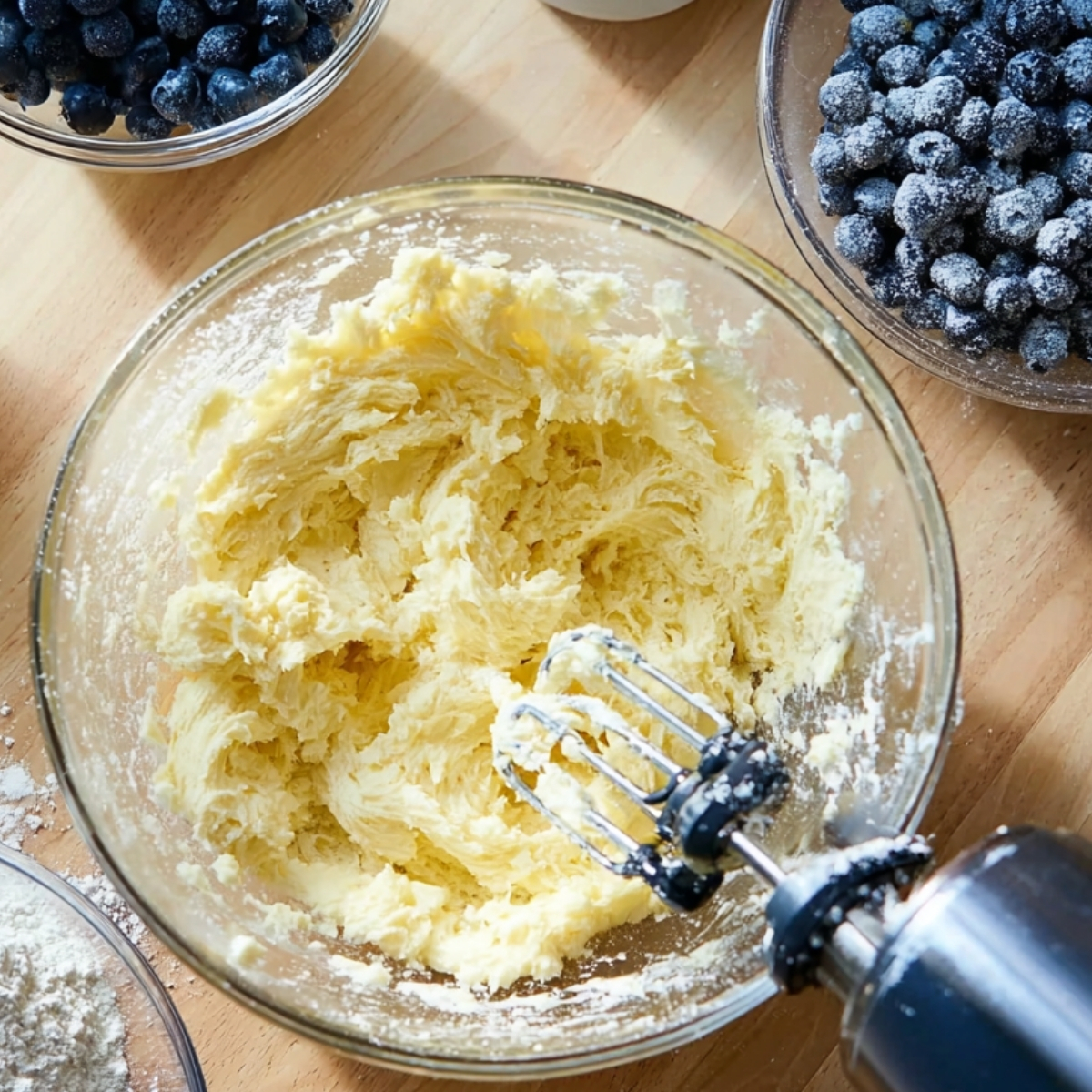 Creamed butter and sugar in bowl with mixer, blueberries nearby