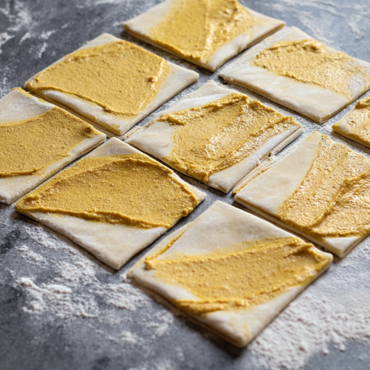 Pastry squares with a spread of mustard on top, ready for the next step in preparation.