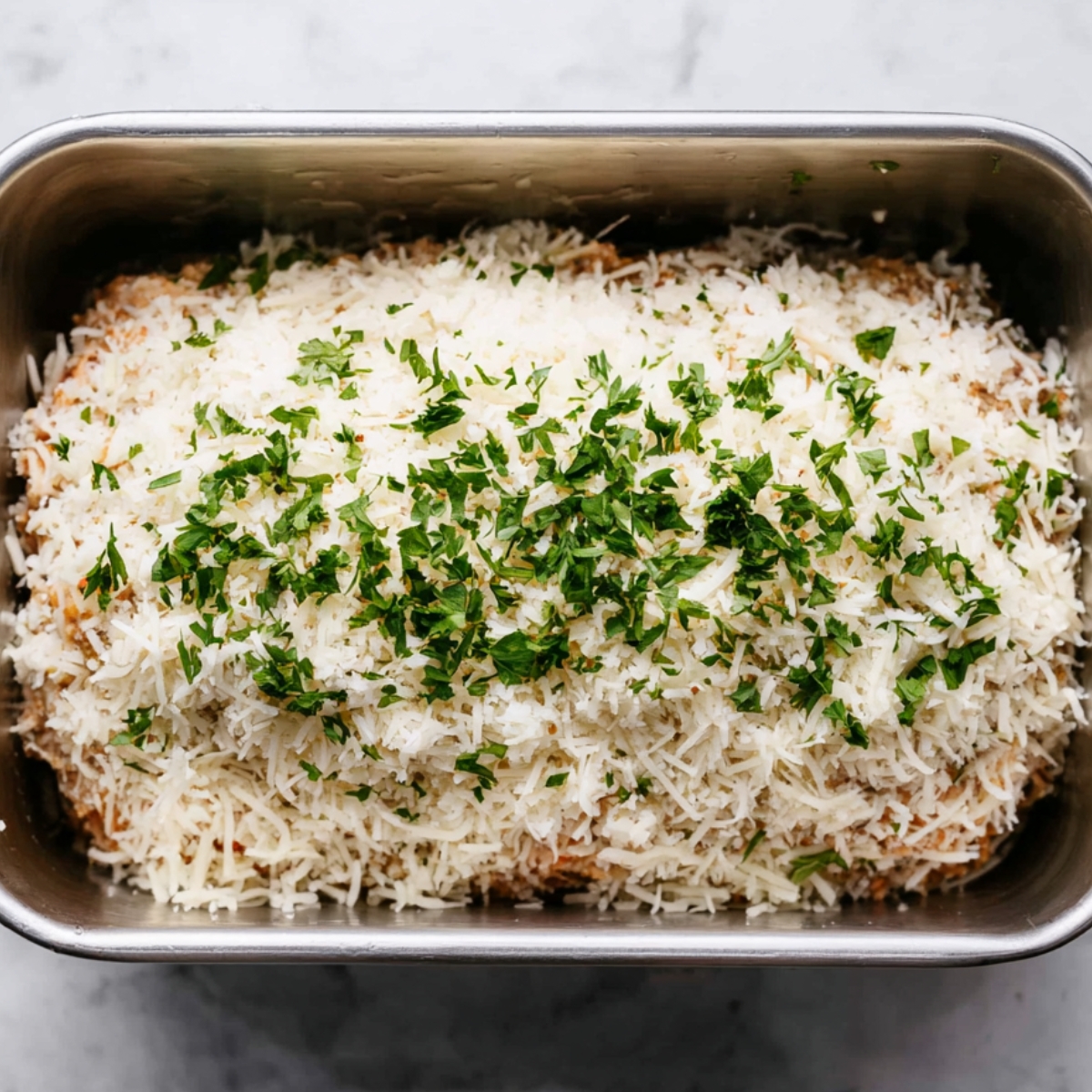 Meatloaf in a pan topped with shredded cheese and chopped parsley.