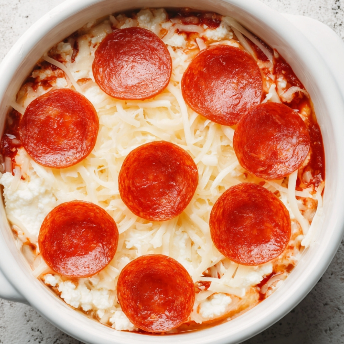 Pepperoni and cheese topped pizza bowl before baking