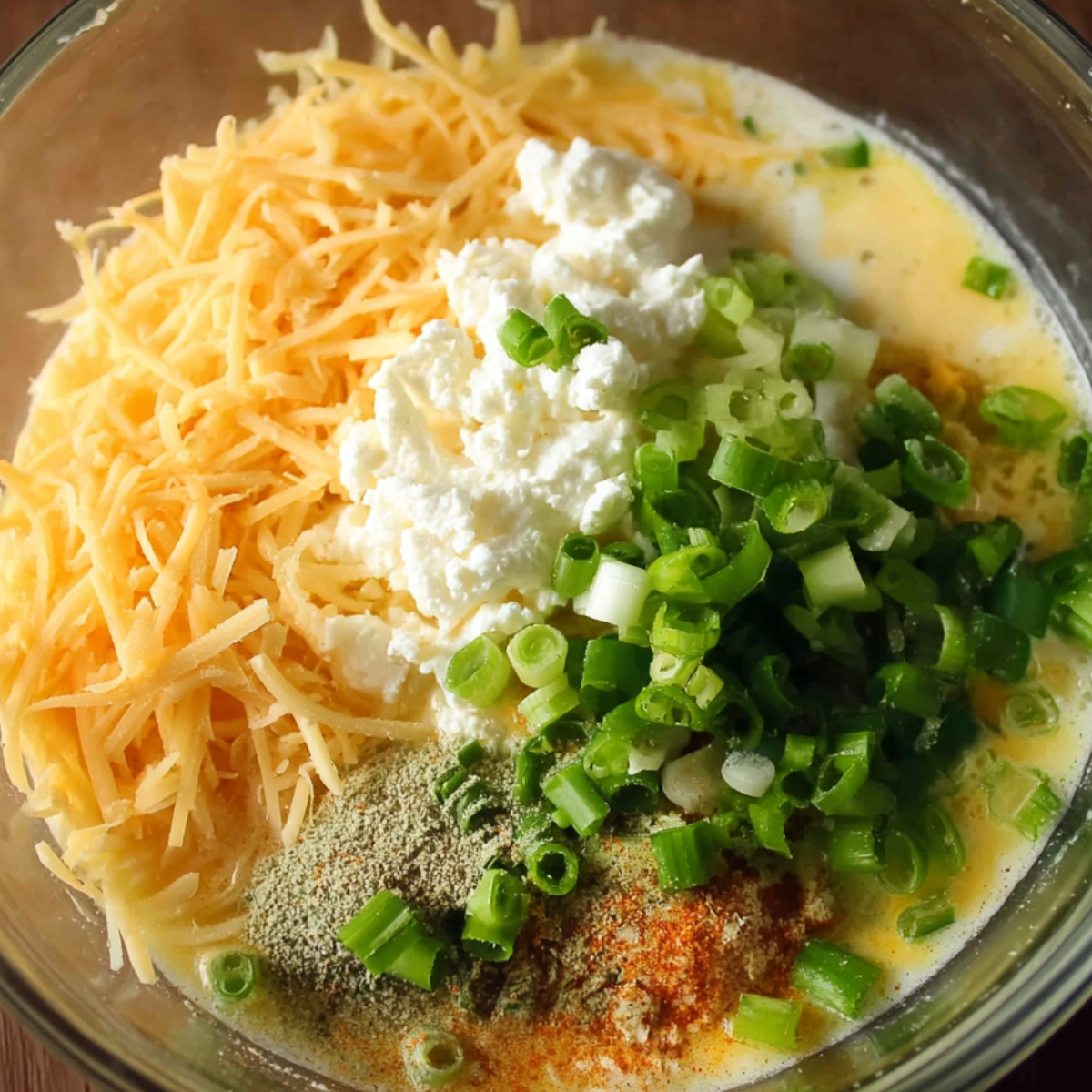 The image shows a bowl with shredded cheese, ricotta, green onions, and spices, along with liquid ingredients for mixing.