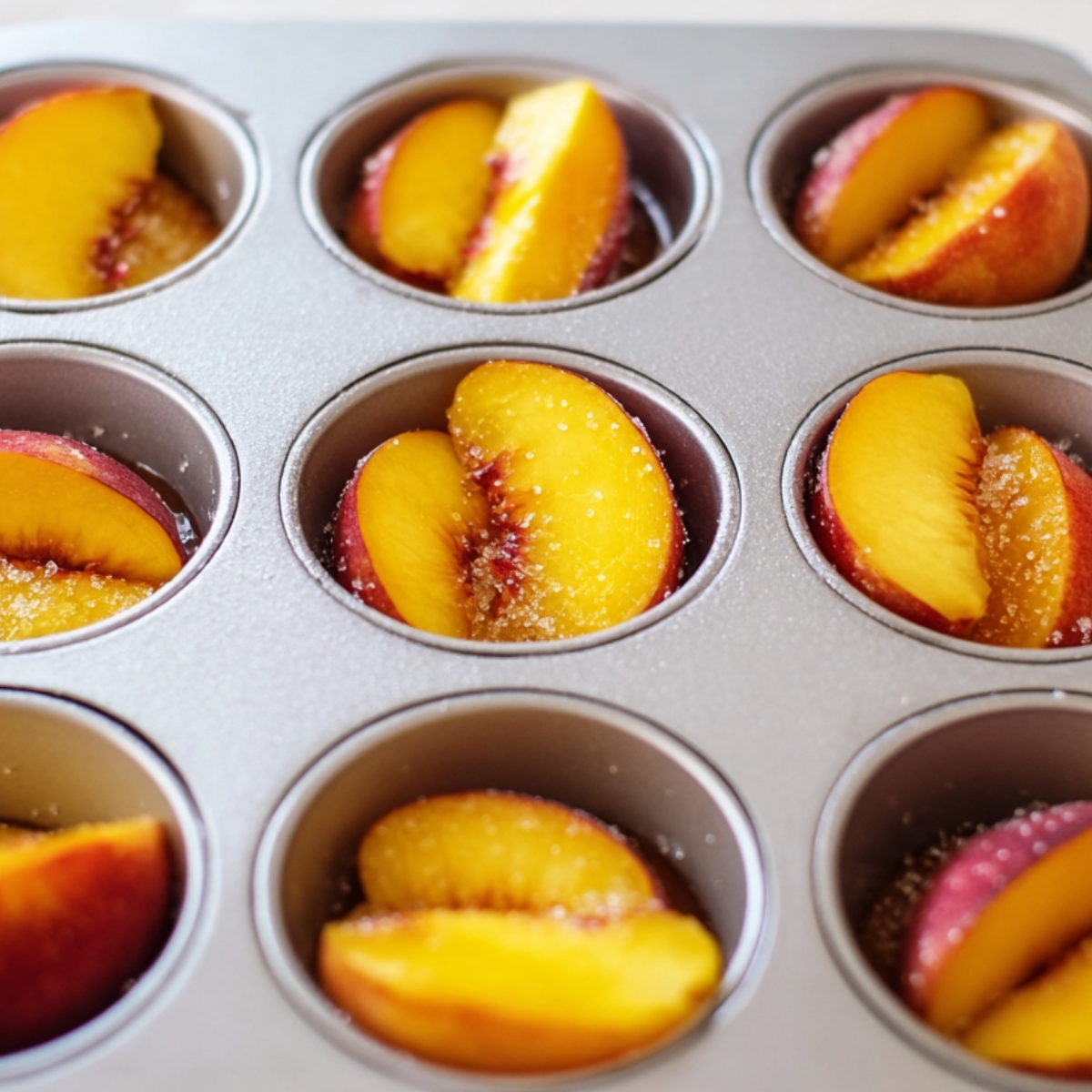 Sliced peaches arranged in a muffin tin with a sprinkle of sugar on top