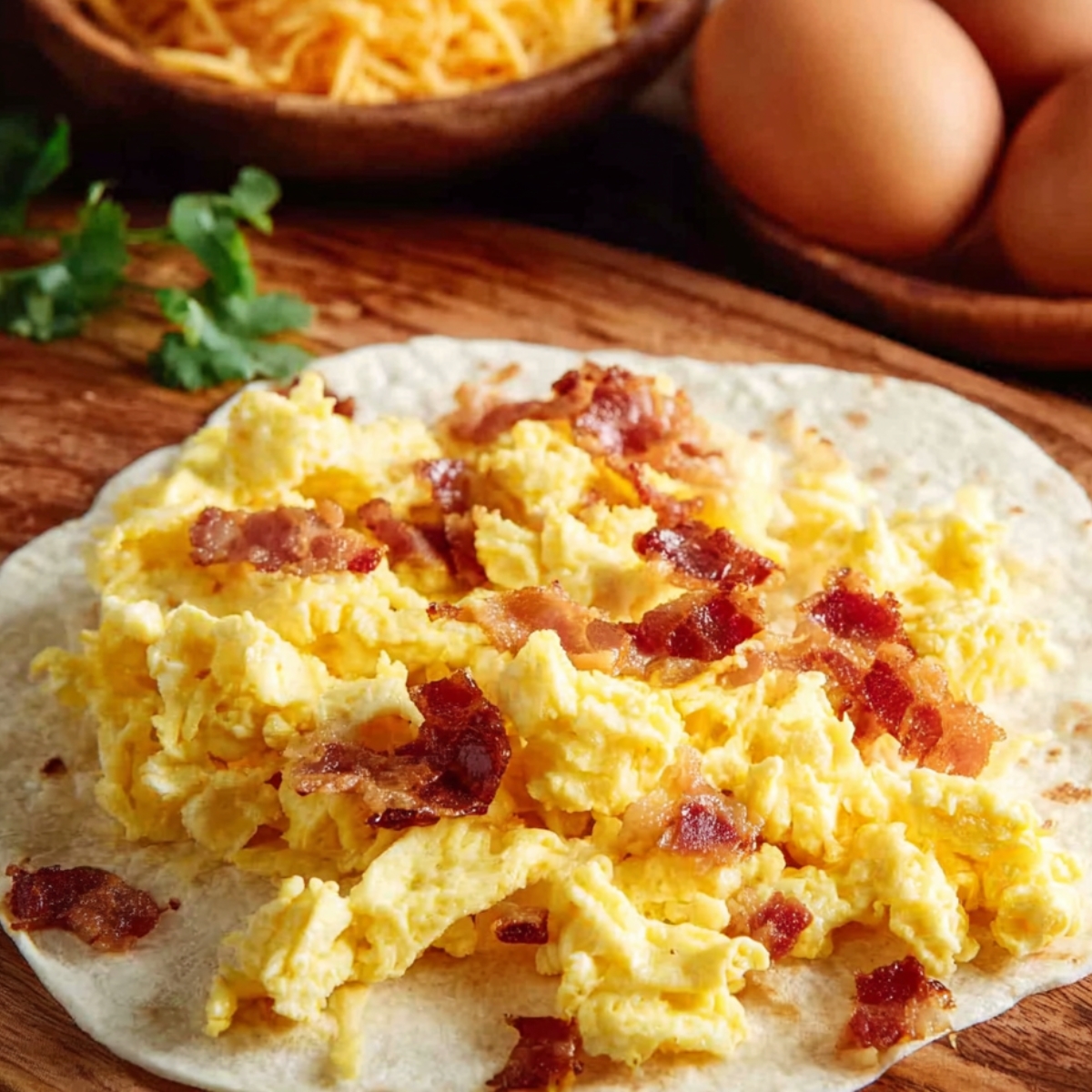 Scrambled eggs and bacon placed on a tortilla.