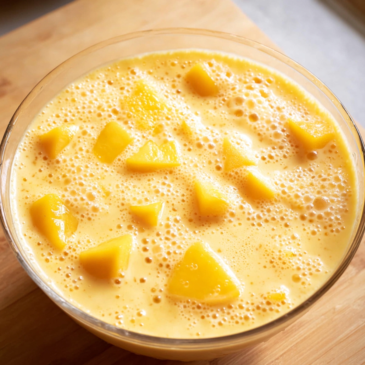 Creamy mango mixture with fresh mango chunks in a bowl.