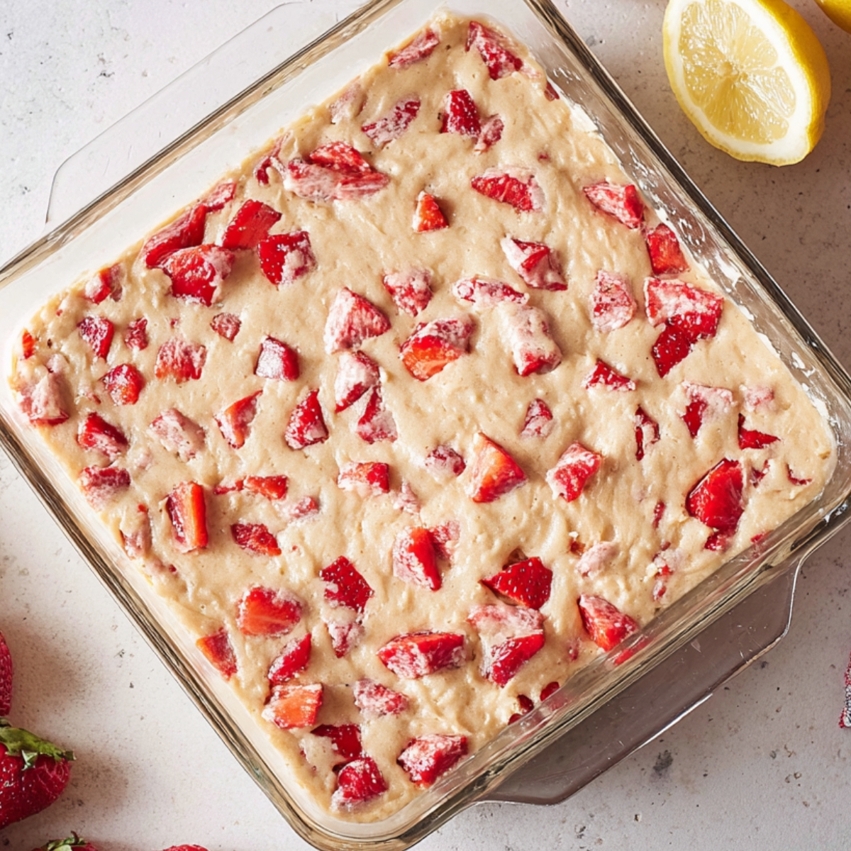 Strawberry pieces mixed into batter, ready to be baked in a glass baking dish.