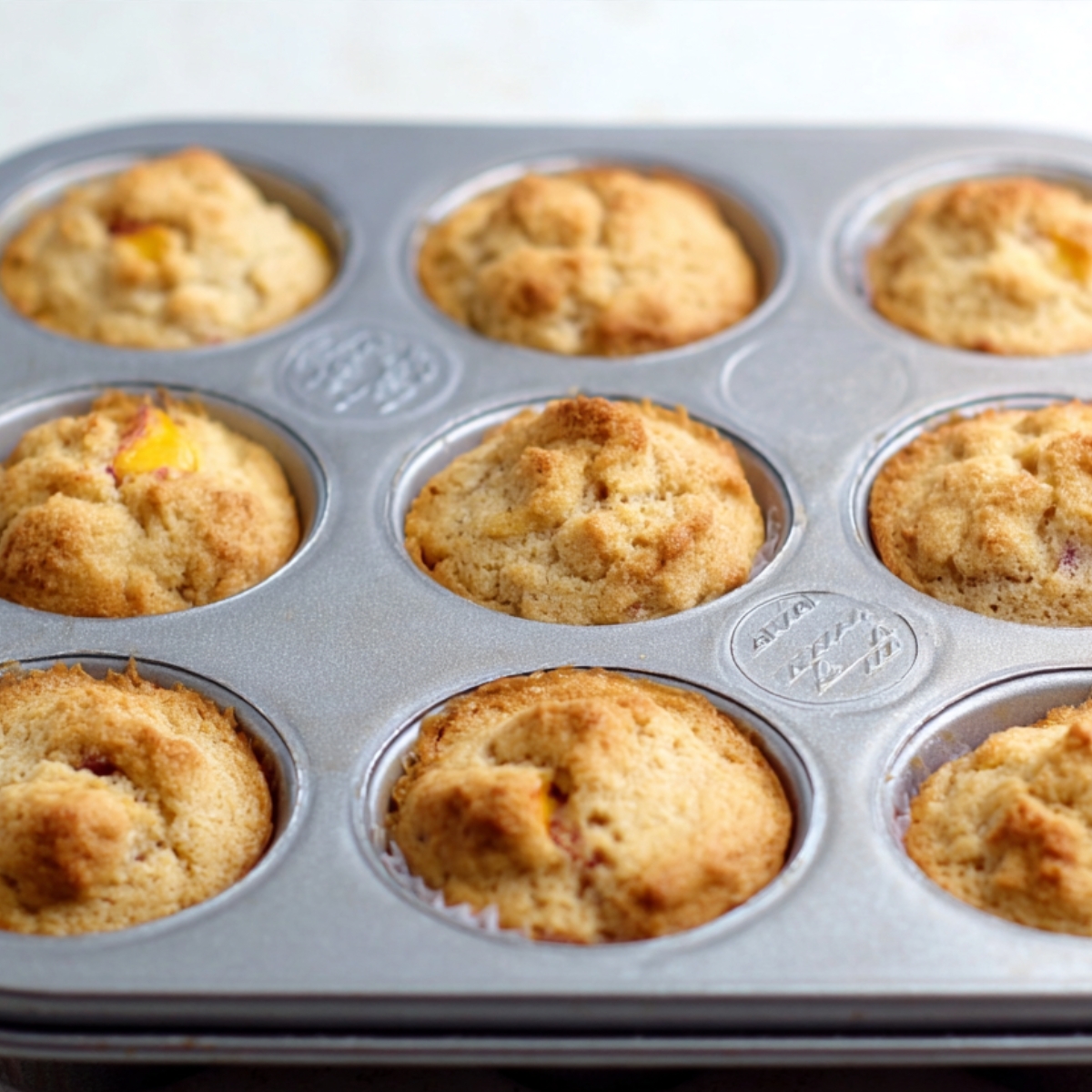 Golden-brown peach muffins freshly baked in a muffin tin.