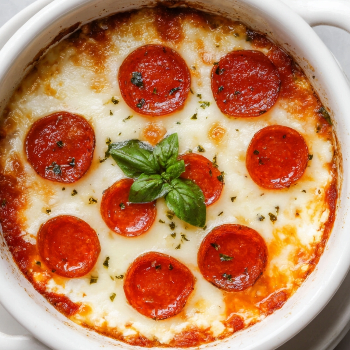 Baked pepperoni pizza bowl with melted cheese