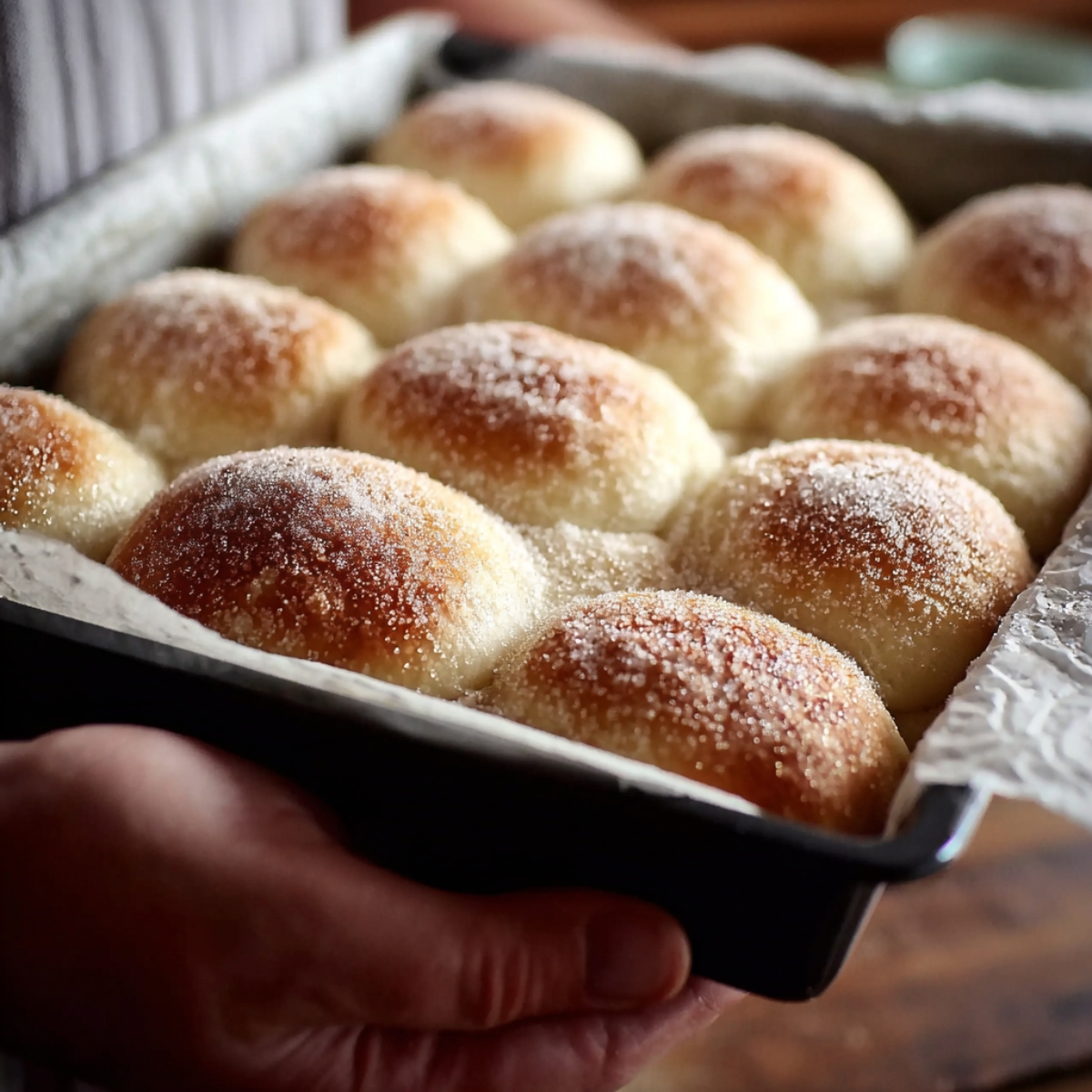 The image shows a tray of freshly baked sugar-coated rolls, held by a person.