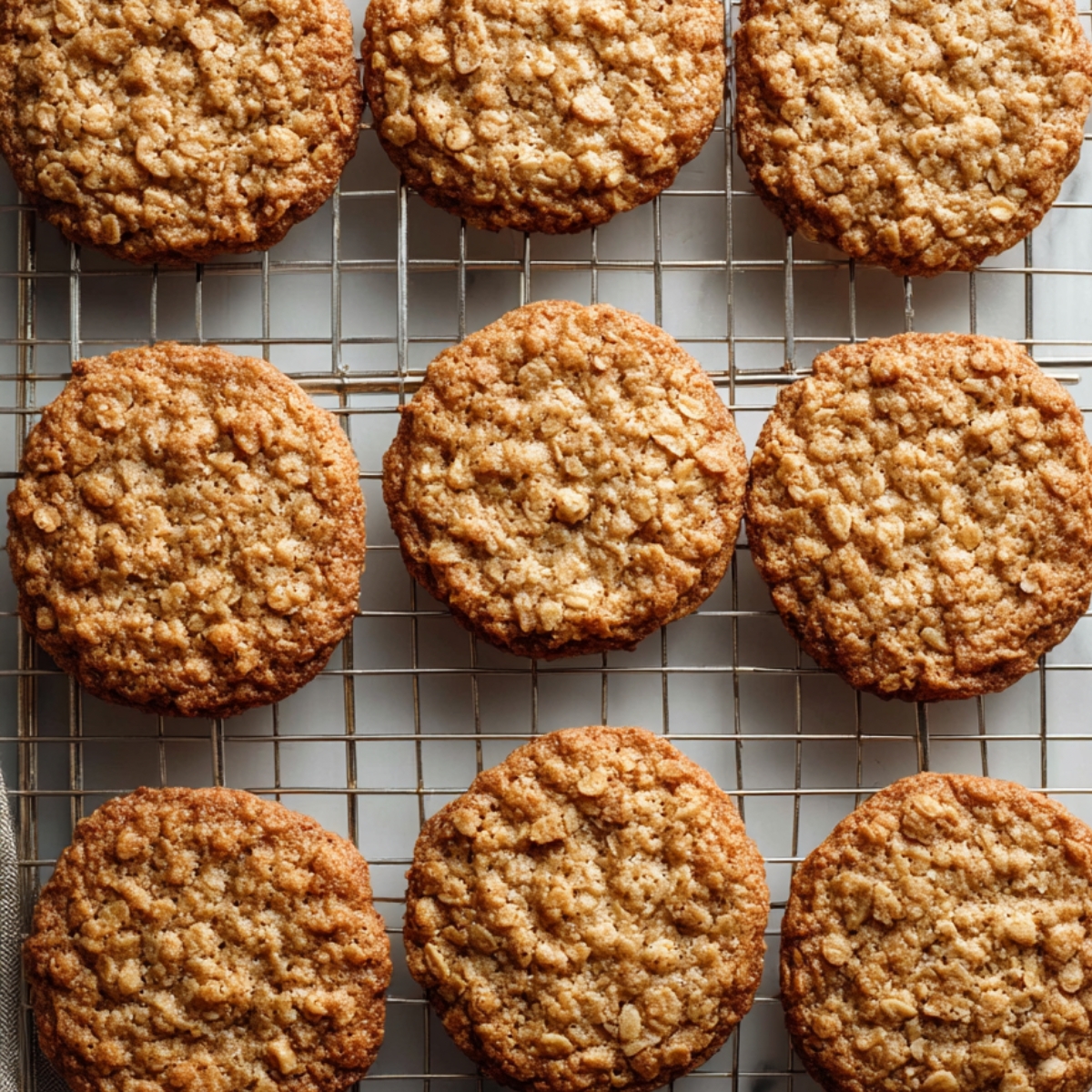 Freshly baked oatmeal cookies on a cooling rack.