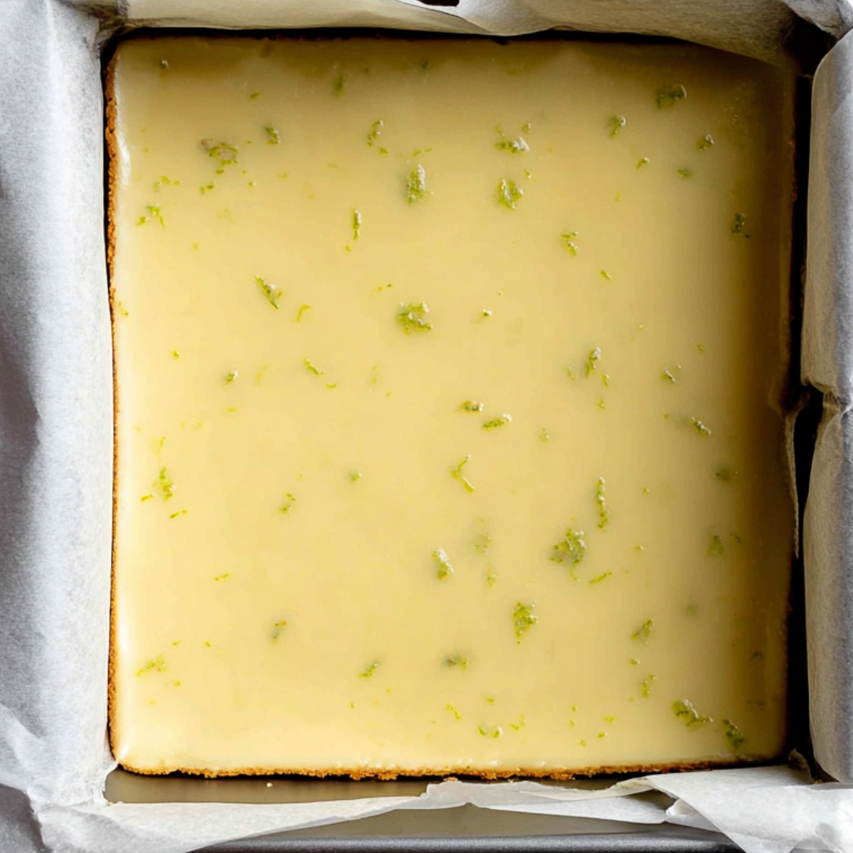 Baked lemon bars cooling in the pan.