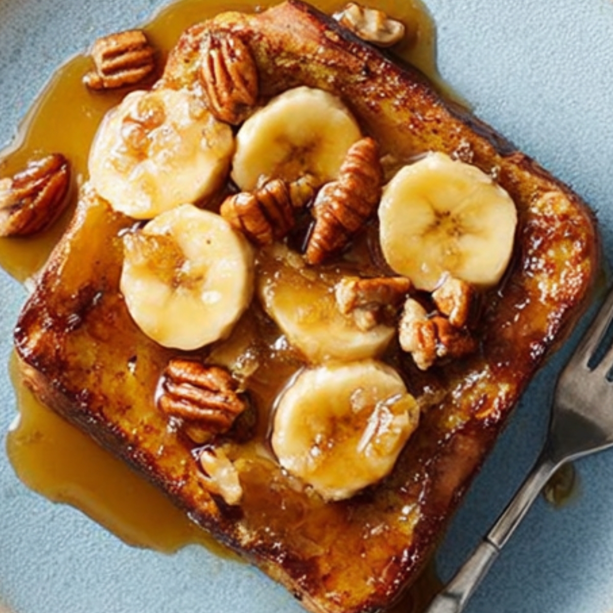 Bananas Foster French Toast topped with caramelized bananas and pecans.