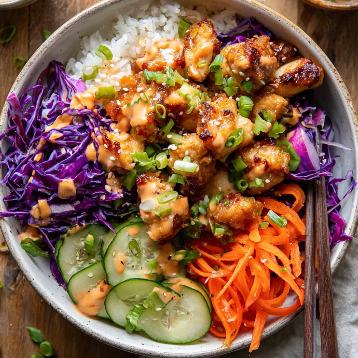 Bang bang chicken bowls with rice and vegetables.