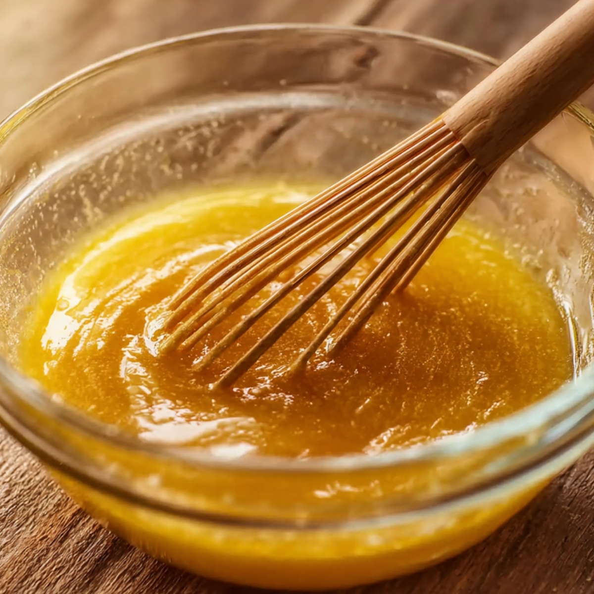 Whisking wet ingredients in a glass bowl