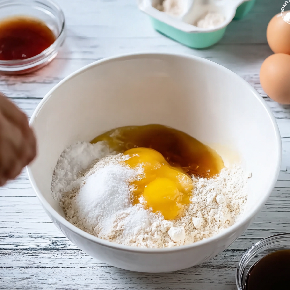 Beating eggs, sugar, and flour in a bowl for a cake batter.