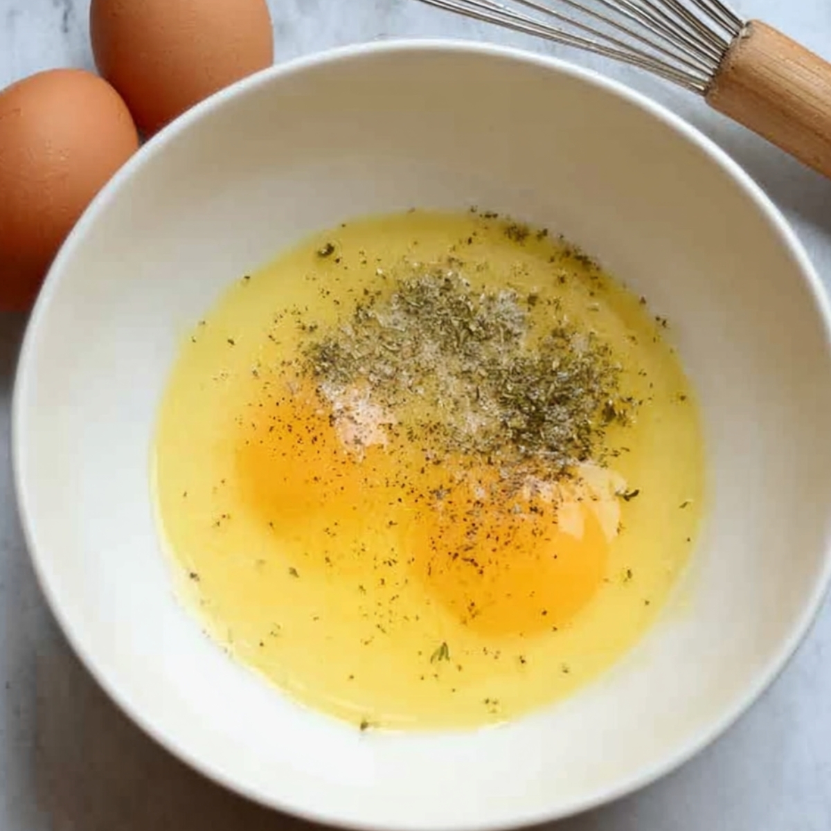 Two eggs in a bowl with seasonings, ready to be whisked, with two eggs and a whisk nearby.