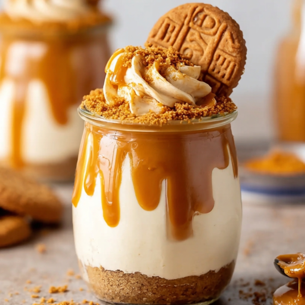 A jar of Biscoff cheesecake cups topped with a cookie, caramel drizzle, and crushed cookie crumbs.