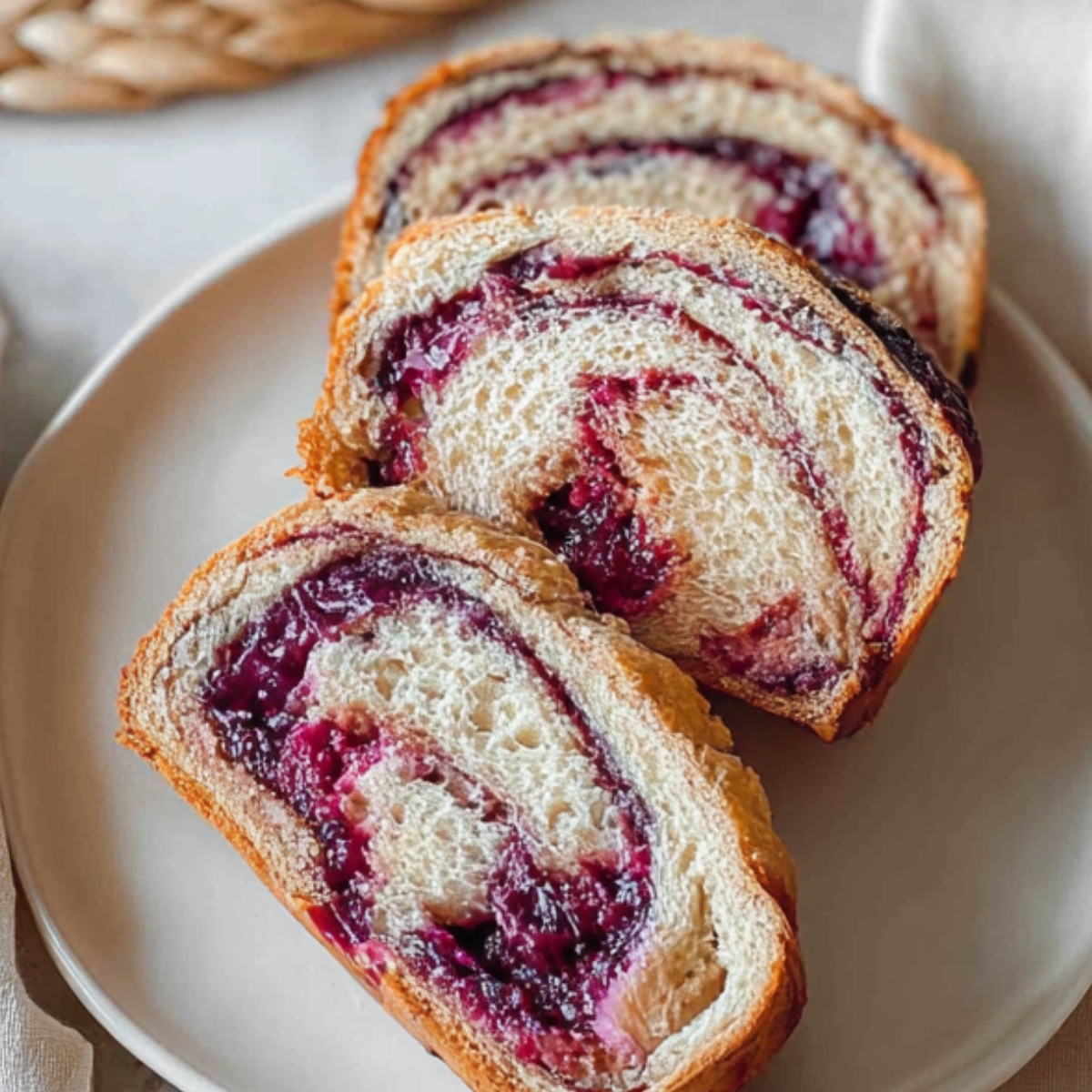 Slices of blueberry cream cheese babka with a soft, airy texture and a swirl of berry filling.