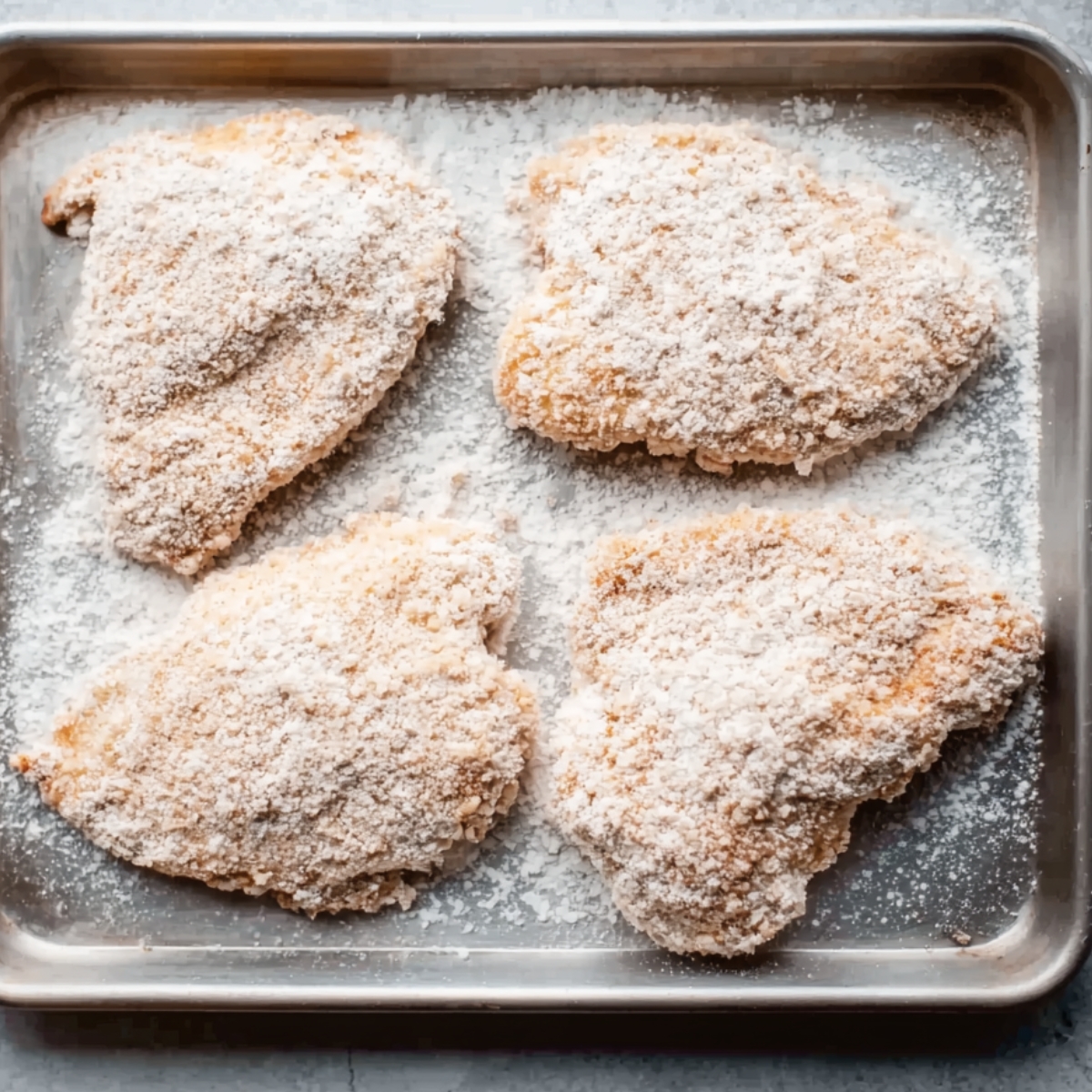 Breaded chicken cutlets on a baking sheet
