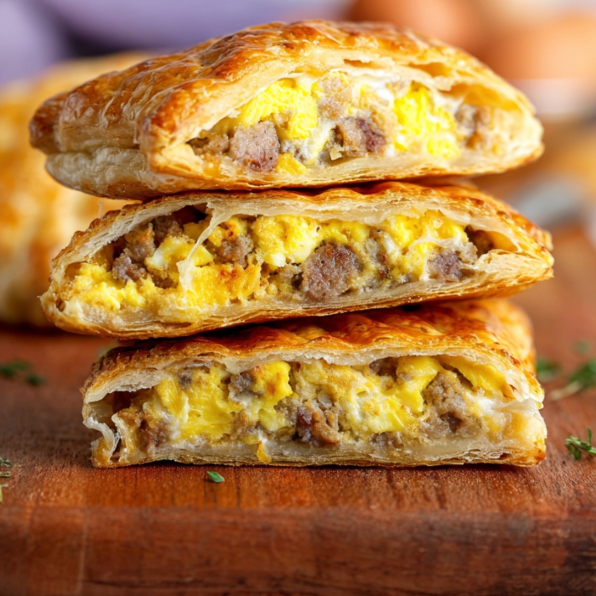 Stacked Breakfast Hot Pockets filled with eggs and sausage.