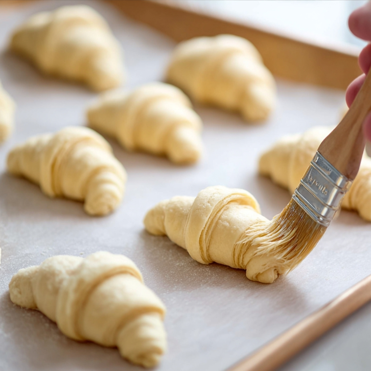 Unbaked mini croissants brushed with egg wash on a baking sheet.
