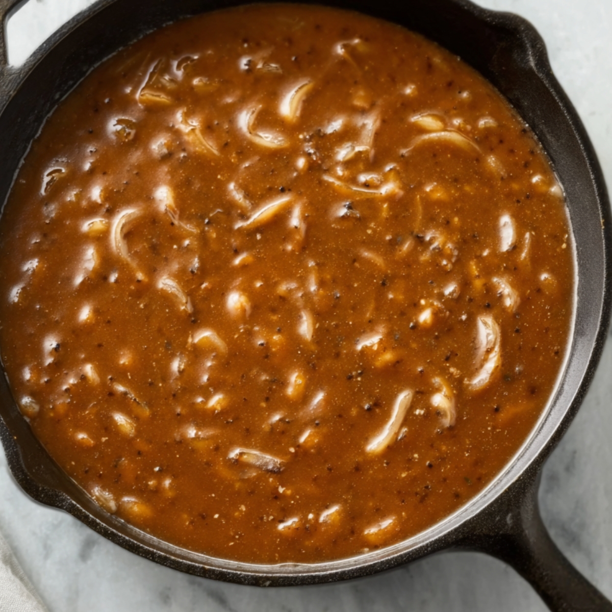 Rich brown onion gravy simmering in a cast-iron skillet.